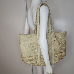 NEW Beautiful Tan/Gold Woven Tote Bag Made In India